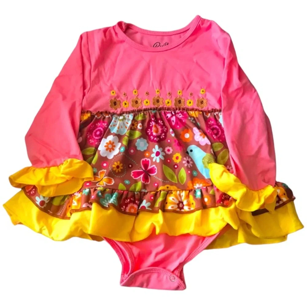 New! Ruffles by Lulu and Tutu Pink & Orange Floral Skirted Bodysuit 18-24 months